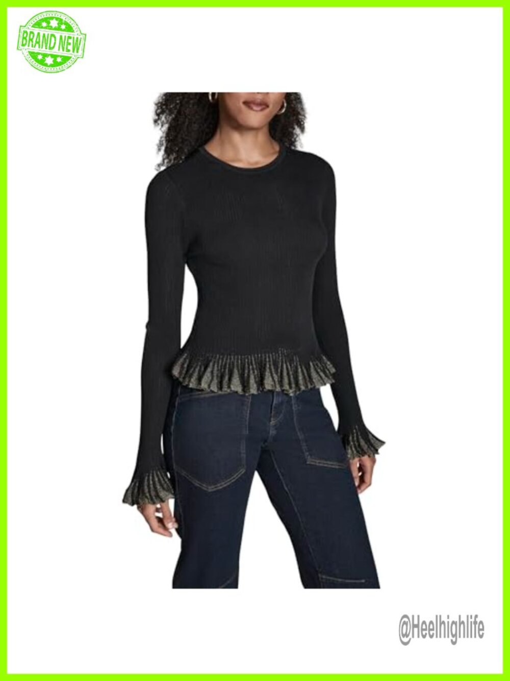BCBG Long Sleeve Foil Ruffle Blouse Crew Neck Pullover